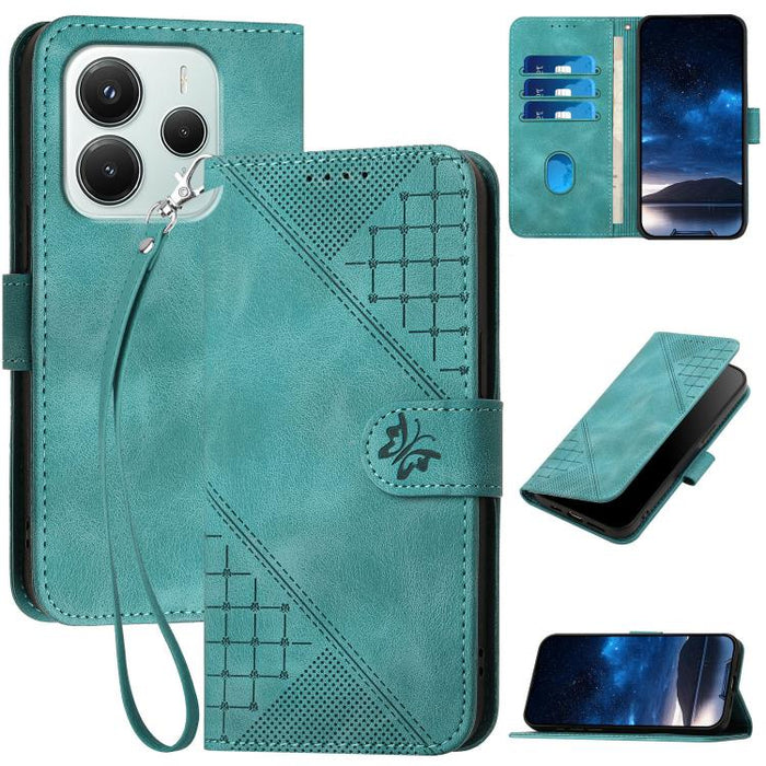 YX0080 Funda de cuero con tapa para teléfono con diseño de mariposa en relieve y cuadrícula y cordón, For Redmi A7 Pro 171mm / Poco C85x 5G, For Redmi Turbo 5 Max / Poco X8 Pro Max, For Redmi Turbo 5 5G / Poco X8 Pro 5G                                 ...