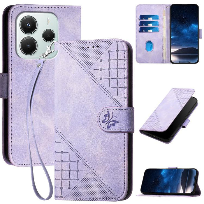 YX0080 Funda de cuero con tapa para teléfono con diseño de mariposa en relieve y cuadrícula y cordón, For Redmi A7 Pro 171mm / Poco C85x 5G, For Redmi Turbo 5 Max / Poco X8 Pro Max, For Redmi Turbo 5 5G / Poco X8 Pro 5G                                 ...
