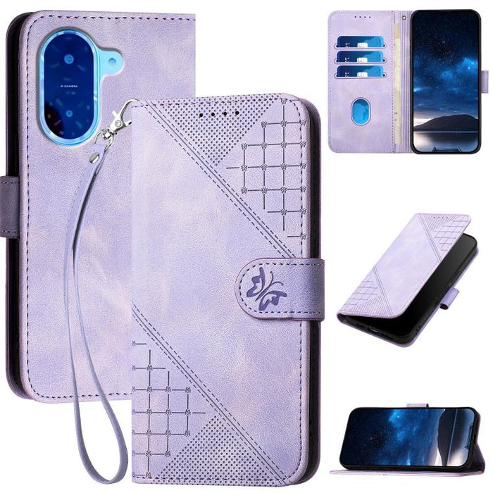 YX0080 Funda de cuero con tapa para teléfono con diseño de mariposa en relieve y cuadrícula y cordón, For Redmi A7 Pro 171mm / Poco C85x 5G, For Redmi Turbo 5 Max / Poco X8 Pro Max, For Redmi Turbo 5 5G / Poco X8 Pro 5G                                 ...