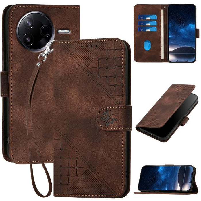 YX0080 Funda de cuero con tapa para teléfono con diseño de mariposa en relieve y cuadrícula y cordón, For Redmi A7 Pro 171mm / Poco C85x 5G, For Redmi Turbo 5 Max / Poco X8 Pro Max, For Redmi Turbo 5 5G / Poco X8 Pro 5G                                 ...