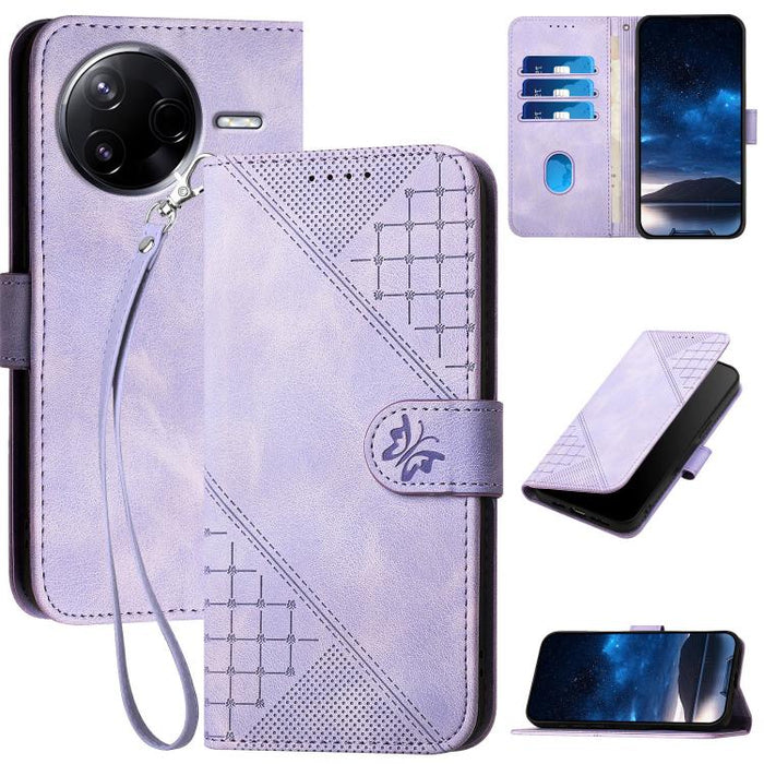 YX0080 Funda de cuero con tapa para teléfono con diseño de mariposa en relieve y cuadrícula y cordón, For Redmi A7 Pro 171mm / Poco C85x 5G, For Redmi Turbo 5 Max / Poco X8 Pro Max, For Redmi Turbo 5 5G / Poco X8 Pro 5G                                 ...