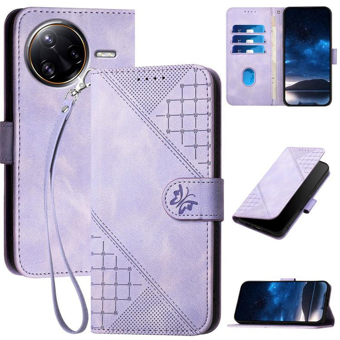 YX0080 Funda de cuero con tapa para teléfono con diseño de mariposa en relieve y cuadrícula y cordón, For Redmi A7 Pro 171mm / Poco C85x 5G, For Redmi Turbo 5 Max / Poco X8 Pro Max, For Redmi Turbo 5 5G / Poco X8 Pro 5G                                 ...