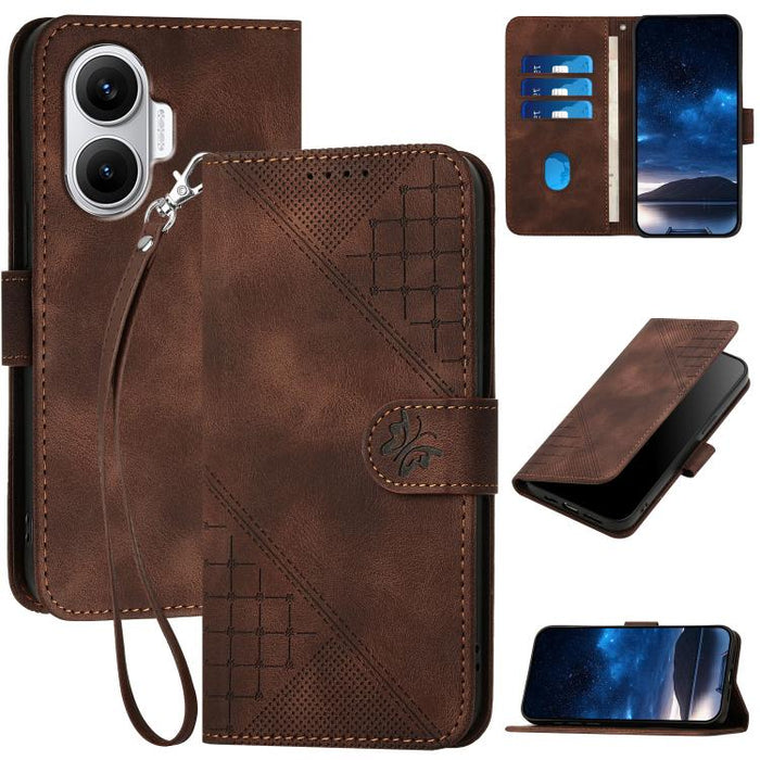 YX0080 Funda de cuero con tapa para teléfono con diseño de mariposa en relieve y cuadrícula y cordón, For Redmi A7 Pro 171mm / Poco C85x 5G, For Redmi Turbo 5 Max / Poco X8 Pro Max, For Redmi Turbo 5 5G / Poco X8 Pro 5G                                 ...