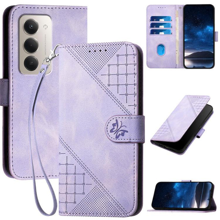YX0080 Funda de cuero con tapa para teléfono con diseño de mariposa en relieve y cuadrícula y cordón, For Redmi A7 Pro 171mm / Poco C85x 5G, For Redmi Turbo 5 Max / Poco X8 Pro Max, For Redmi Turbo 5 5G / Poco X8 Pro 5G                                 ...
