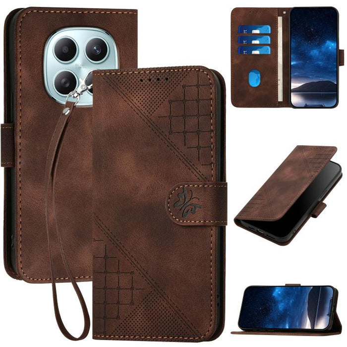 YX0080 Funda de cuero con tapa para teléfono con diseño de mariposa en relieve y cuadrícula y cordón, For Redmi A7 Pro 171mm / Poco C85x 5G, For Redmi Turbo 5 Max / Poco X8 Pro Max, For Redmi Turbo 5 5G / Poco X8 Pro 5G                                 ...