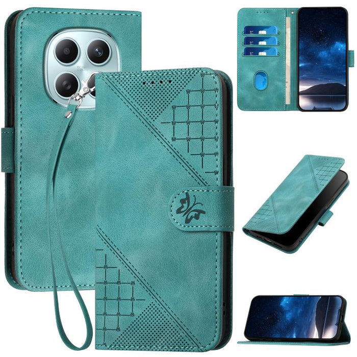 YX0080 Funda de cuero con tapa para teléfono con diseño de mariposa en relieve y cuadrícula y cordón, For Redmi A7 Pro 171mm / Poco C85x 5G, For Redmi Turbo 5 Max / Poco X8 Pro Max, For Redmi Turbo 5 5G / Poco X8 Pro 5G                                 ...