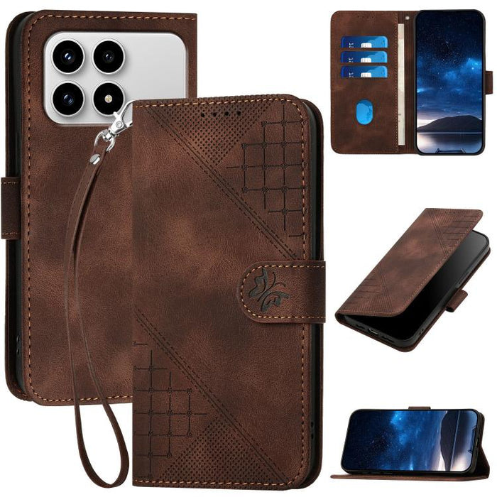 YX0080 Funda de cuero con tapa para teléfono con diseño de mariposa en relieve y cuadrícula y cordón, For Redmi A7 Pro 171mm / Poco C85x 5G, For Redmi Turbo 5 Max / Poco X8 Pro Max, For Redmi Turbo 5 5G / Poco X8 Pro 5G                                 ...