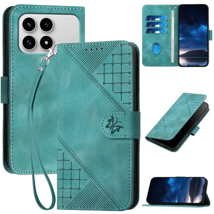 YX0080 Funda de cuero con tapa para teléfono con diseño de mariposa en relieve y cuadrícula y cordón, For Redmi A7 Pro 171mm / Poco C85x 5G, For Redmi Turbo 5 Max / Poco X8 Pro Max, For Redmi Turbo 5 5G / Poco X8 Pro 5G                                 ...