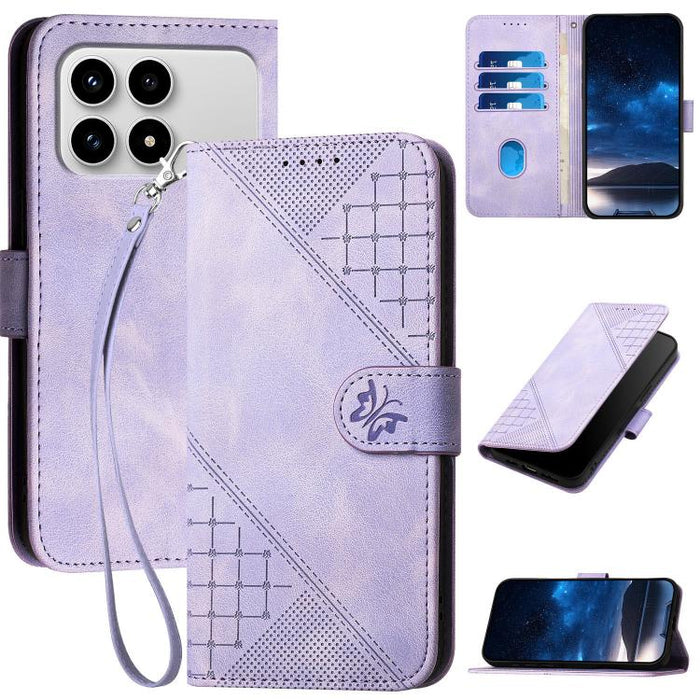 YX0080 Funda de cuero con tapa para teléfono con diseño de mariposa en relieve y cuadrícula y cordón, For Redmi A7 Pro 171mm / Poco C85x 5G, For Redmi Turbo 5 Max / Poco X8 Pro Max, For Redmi Turbo 5 5G / Poco X8 Pro 5G                                 ...