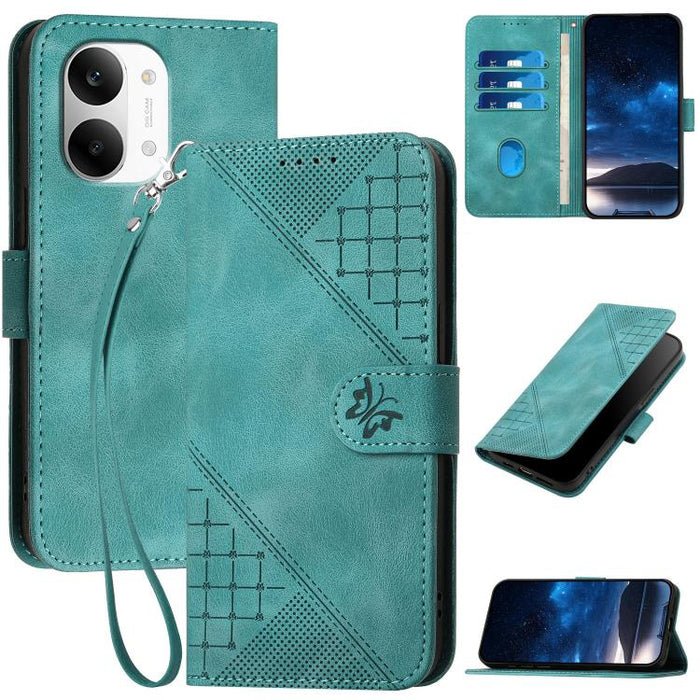 YX0080 Funda de cuero con tapa para teléfono con diseño de mariposa en relieve y cuadrícula y cordón, For Redmi A7 Pro 171mm / Poco C85x 5G, For Redmi Turbo 5 Max / Poco X8 Pro Max, For Redmi Turbo 5 5G / Poco X8 Pro 5G                                 ...