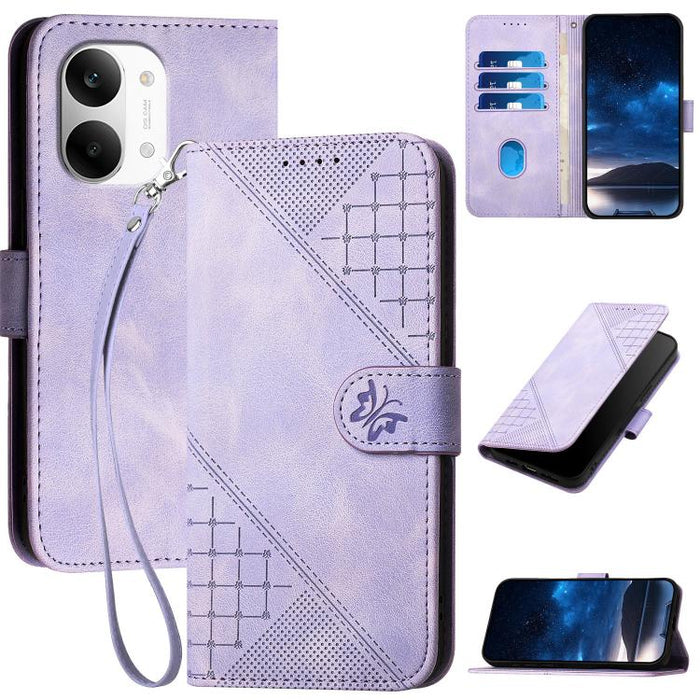 YX0080 Funda de cuero con tapa para teléfono con diseño de mariposa en relieve y cuadrícula y cordón, For Redmi A7 Pro 171mm / Poco C85x 5G, For Redmi Turbo 5 Max / Poco X8 Pro Max, For Redmi Turbo 5 5G / Poco X8 Pro 5G                                 ...