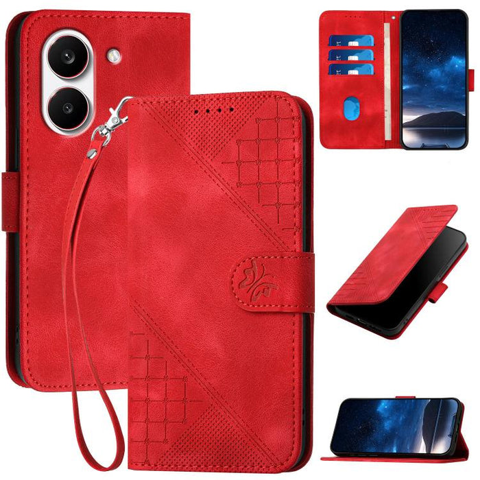 YX0080 Funda de cuero con tapa para teléfono con diseño de mariposa en relieve y cuadrícula y cordón, For Redmi A7 Pro 171mm / Poco C85x 5G, For Redmi Turbo 5 Max / Poco X8 Pro Max, For Redmi Turbo 5 5G / Poco X8 Pro 5G                                 ...