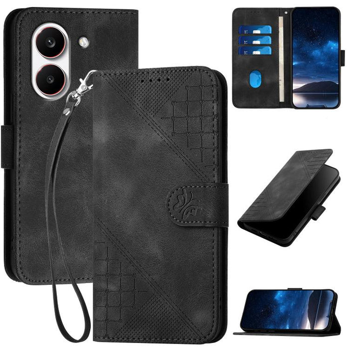 YX0080 Funda de cuero con tapa para teléfono con diseño de mariposa en relieve y cuadrícula y cordón, For Redmi A7 Pro 171mm / Poco C85x 5G, For Redmi Turbo 5 Max / Poco X8 Pro Max, For Redmi Turbo 5 5G / Poco X8 Pro 5G                                 ...