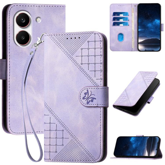 YX0080 Funda de cuero con tapa para teléfono con diseño de mariposa en relieve y cuadrícula y cordón, For Redmi A7 Pro 171mm / Poco C85x 5G, For Redmi Turbo 5 Max / Poco X8 Pro Max, For Redmi Turbo 5 5G / Poco X8 Pro 5G                                 ...
