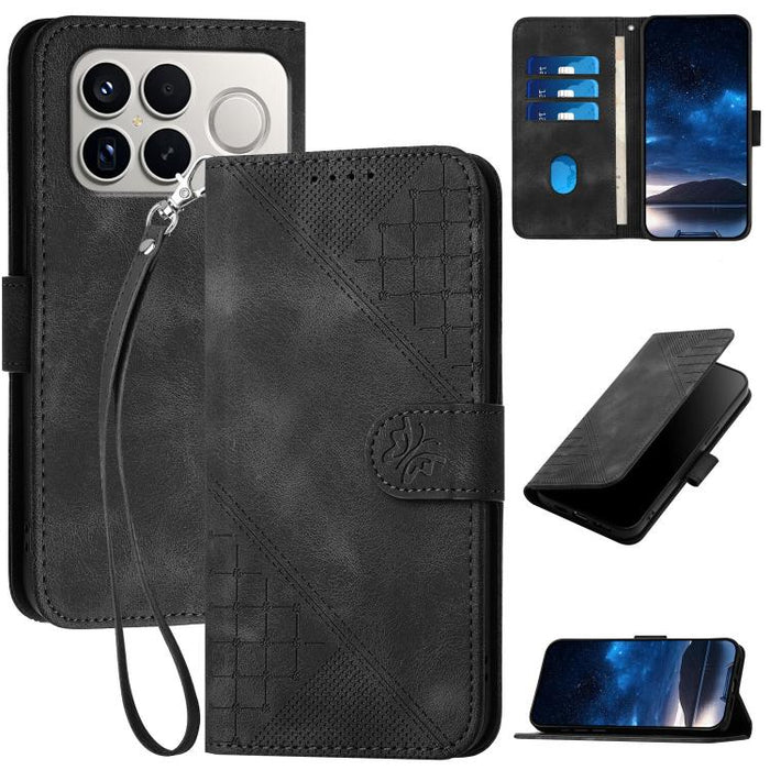 YX0080 Funda de cuero con tapa para teléfono con diseño de mariposa en relieve y cuadrícula y cordón, For Redmi A7 Pro 171mm / Poco C85x 5G, For Redmi Turbo 5 Max / Poco X8 Pro Max, For Redmi Turbo 5 5G / Poco X8 Pro 5G                                 ...