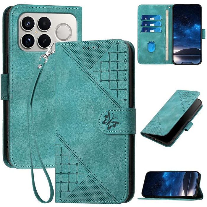 YX0080 Funda de cuero con tapa para teléfono con diseño de mariposa en relieve y cuadrícula y cordón, For Redmi A7 Pro 171mm / Poco C85x 5G, For Redmi Turbo 5 Max / Poco X8 Pro Max, For Redmi Turbo 5 5G / Poco X8 Pro 5G                                 ...