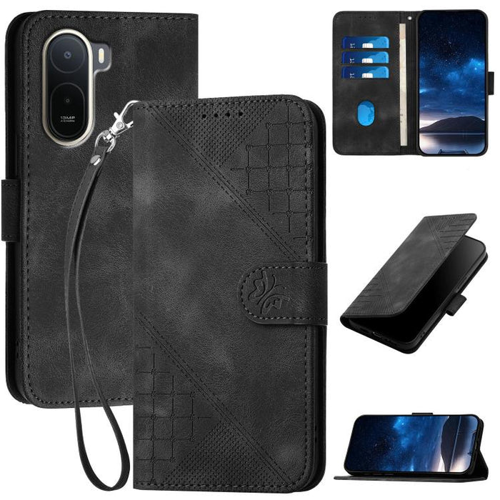 YX0080 Funda de cuero con tapa para teléfono con diseño de mariposa en relieve y cuadrícula y cordón, For Redmi A7 Pro 171mm / Poco C85x 5G, For Redmi Turbo 5 Max / Poco X8 Pro Max, For Redmi Turbo 5 5G / Poco X8 Pro 5G                                 ...