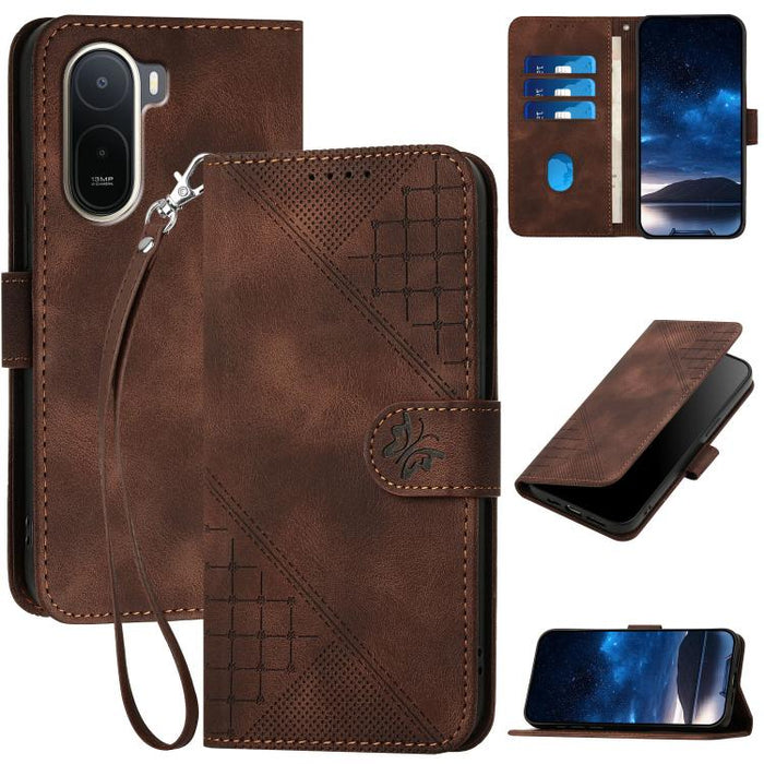 YX0080 Funda de cuero con tapa para teléfono con diseño de mariposa en relieve y cuadrícula y cordón, For Redmi A7 Pro 171mm / Poco C85x 5G, For Redmi Turbo 5 Max / Poco X8 Pro Max, For Redmi Turbo 5 5G / Poco X8 Pro 5G                                 ...
