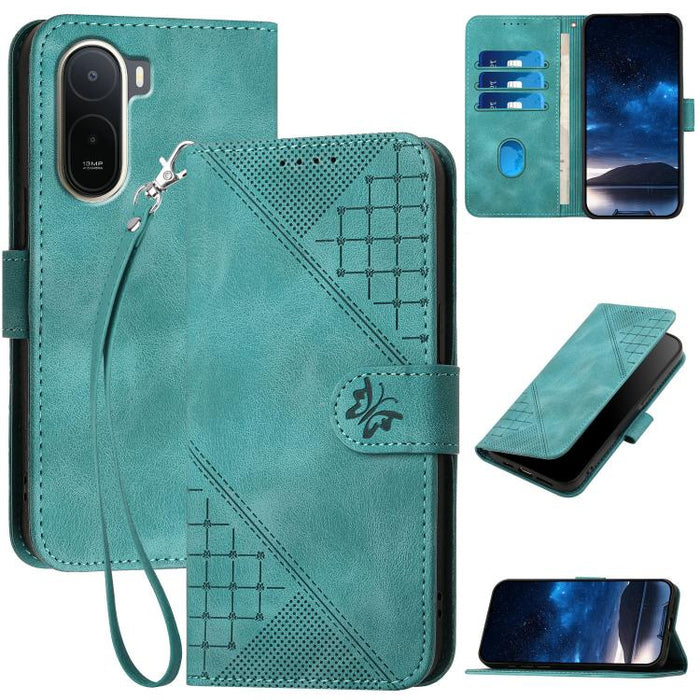 YX0080 Funda de cuero con tapa para teléfono con diseño de mariposa en relieve y cuadrícula y cordón, For Redmi A7 Pro 171mm / Poco C85x 5G, For Redmi Turbo 5 Max / Poco X8 Pro Max, For Redmi Turbo 5 5G / Poco X8 Pro 5G                                 ...