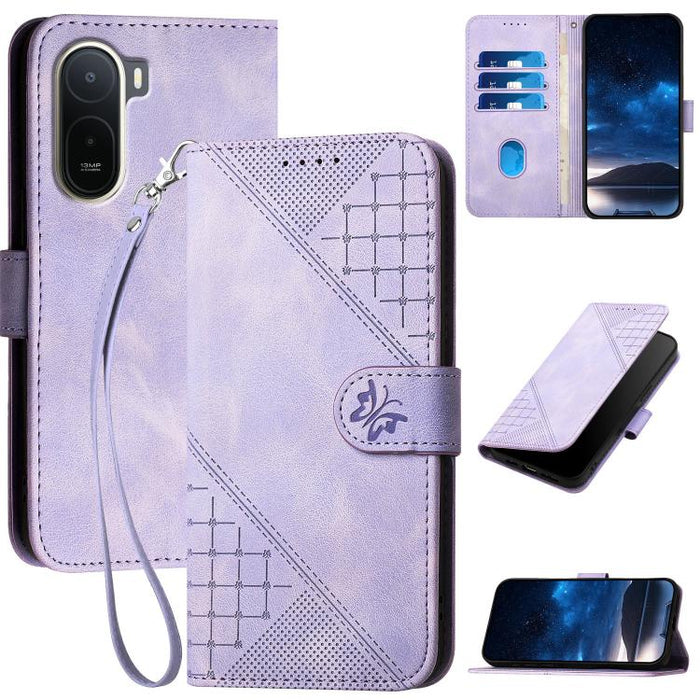 YX0080 Funda de cuero con tapa para teléfono con diseño de mariposa en relieve y cuadrícula y cordón, For Redmi A7 Pro 171mm / Poco C85x 5G, For Redmi Turbo 5 Max / Poco X8 Pro Max, For Redmi Turbo 5 5G / Poco X8 Pro 5G                                 ...