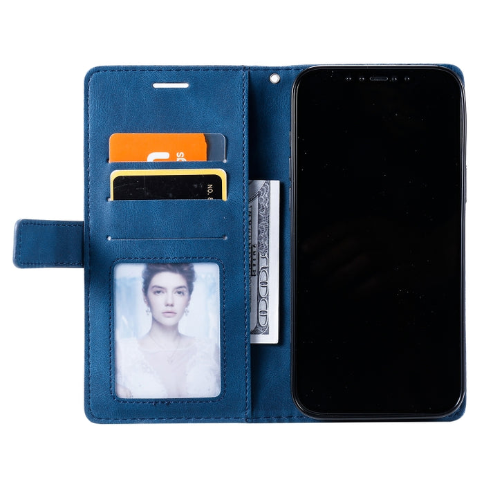 Estuche de cuero con tapa horizontal con empalme de sensación de piel con soporte y ranuras para tarjetas y billetera y marco de fotos