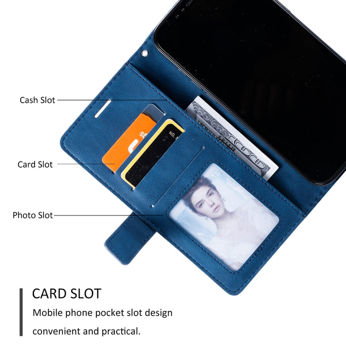 Estuche de cuero con tapa horizontal con empalme de sensación de piel con soporte y ranuras para tarjetas y billetera y marco de fotos