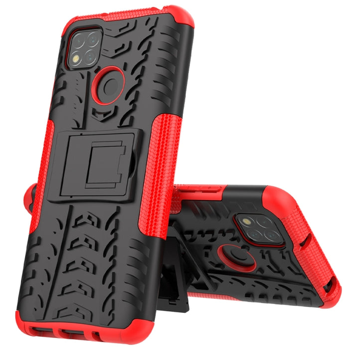 Funda protectora de TPU + PC a prueba de golpes con textura de neumático con soporte, For Xiaomi Redmi 9C