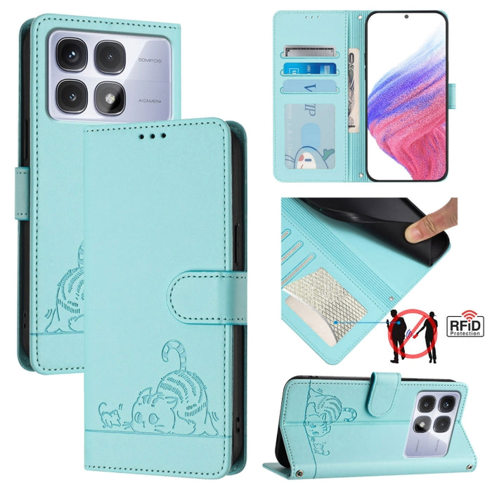 Funda para teléfono de cuero RFID con estampado en relieve de gato y rata y cordón, For Redmi 14C 4G, For Redmi K70 Ultra 5G Global, For Redmi 13 4G