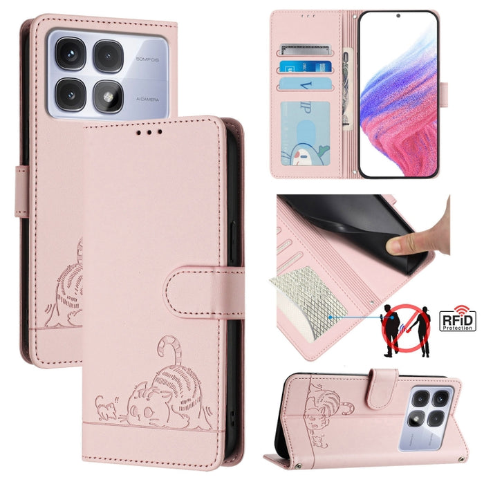 Funda para teléfono de cuero RFID con estampado en relieve de gato y rata y cordón, For Redmi 14C 4G, For Redmi K70 Ultra 5G Global, For Redmi 13 4G