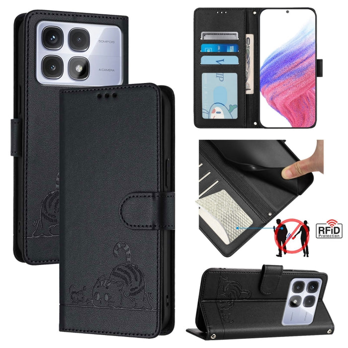 Funda para teléfono de cuero RFID con estampado en relieve de gato y rata y cordón, For Redmi 14C 4G, For Redmi K70 Ultra 5G Global, For Redmi 13 4G