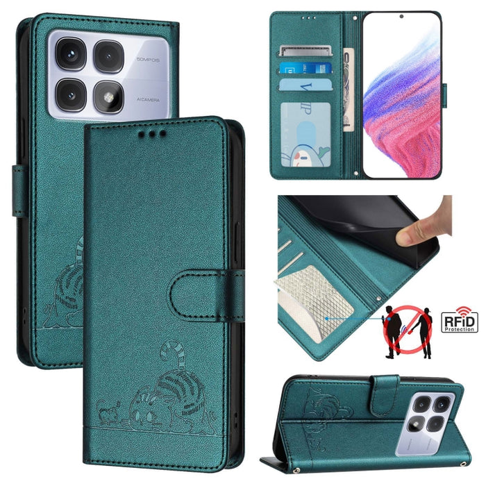 Funda para teléfono de cuero RFID con estampado en relieve de gato y rata y cordón, For Redmi 14C 4G, For Redmi K70 Ultra 5G Global, For Redmi 13 4G