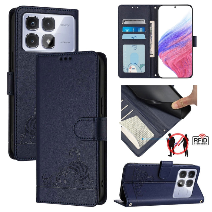 Funda para teléfono de cuero RFID con estampado en relieve de gato y rata y cordón, For Redmi 14C 4G, For Redmi K70 Ultra 5G Global, For Redmi 13 4G