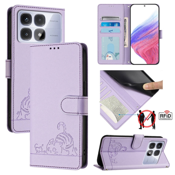 Funda para teléfono de cuero RFID con estampado en relieve de gato y rata y cordón, For Redmi 14C 4G, For Redmi K70 Ultra 5G Global, For Redmi 13 4G