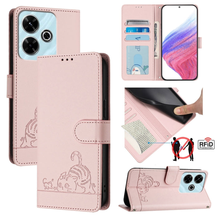 Funda para teléfono de cuero RFID con estampado en relieve de gato y rata y cordón, For Redmi 14C 4G, For Redmi K70 Ultra 5G Global, For Redmi 13 4G