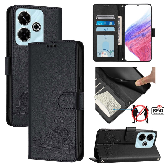 Funda para teléfono de cuero RFID con estampado en relieve de gato y rata y cordón, For Redmi 14C 4G, For Redmi K70 Ultra 5G Global, For Redmi 13 4G