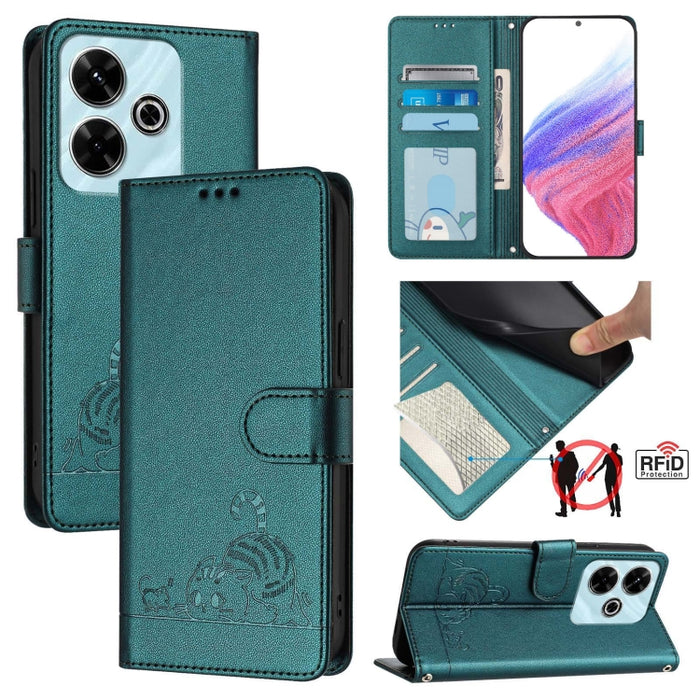 Funda para teléfono de cuero RFID con estampado en relieve de gato y rata y cordón, For Redmi 14C 4G, For Redmi K70 Ultra 5G Global, For Redmi 13 4G