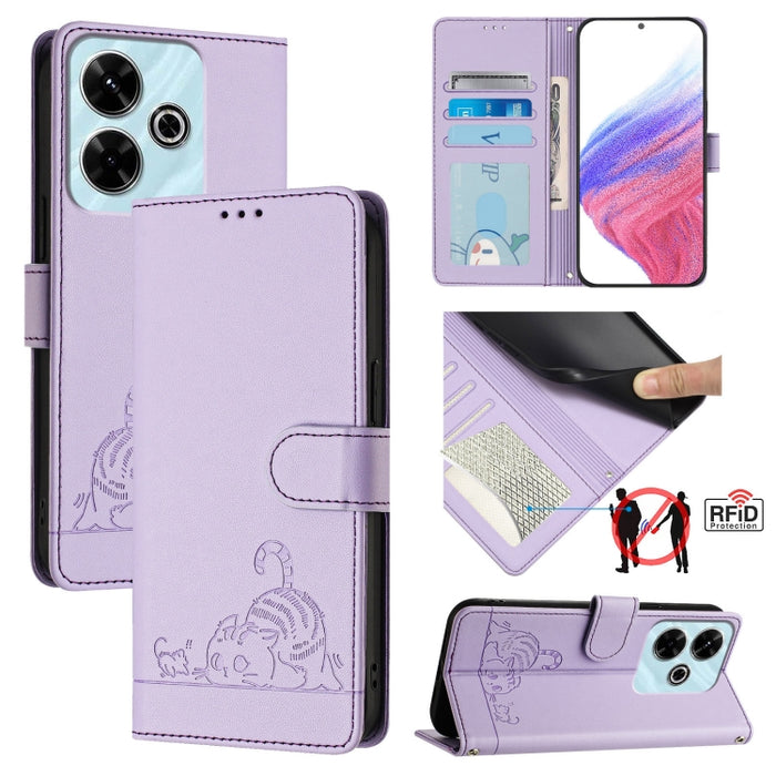 Funda para teléfono de cuero RFID con estampado en relieve de gato y rata y cordón, For Redmi 14C 4G, For Redmi K70 Ultra 5G Global, For Redmi 13 4G