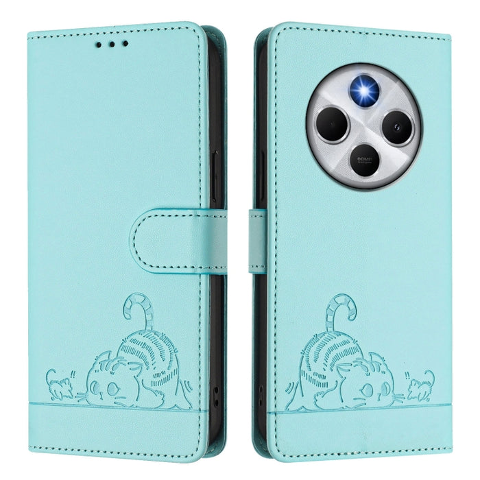 Funda para teléfono de cuero RFID con estampado en relieve de gato y rata y cordón, For Redmi 14C 4G, For Redmi K70 Ultra 5G Global, For Redmi 13 4G