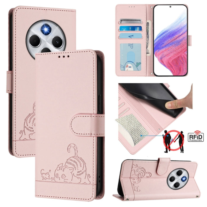 Funda para teléfono de cuero RFID con estampado en relieve de gato y rata y cordón, For Redmi 14C 4G, For Redmi K70 Ultra 5G Global, For Redmi 13 4G