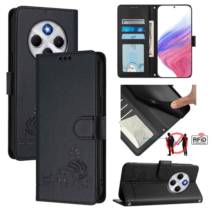 Funda para teléfono de cuero RFID con estampado en relieve de gato y rata y cordón, For Redmi 14C 4G, For Redmi K70 Ultra 5G Global, For Redmi 13 4G