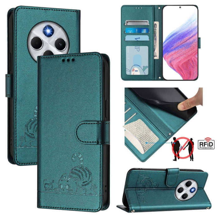 Funda para teléfono de cuero RFID con estampado en relieve de gato y rata y cordón, For Redmi 14C 4G, For Redmi K70 Ultra 5G Global, For Redmi 13 4G