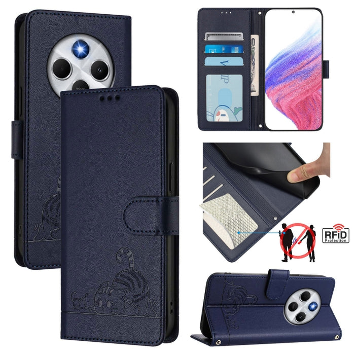 Funda para teléfono de cuero RFID con estampado en relieve de gato y rata y cordón, For Redmi 14C 4G, For Redmi K70 Ultra 5G Global, For Redmi 13 4G
