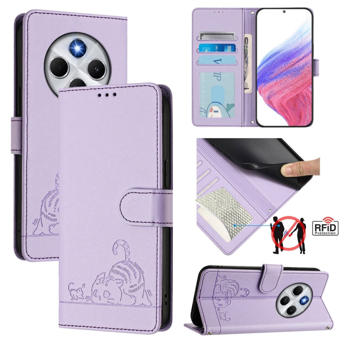 Funda para teléfono de cuero RFID con estampado en relieve de gato y rata y cordón, For Redmi 14C 4G, For Redmi K70 Ultra 5G Global, For Redmi 13 4G