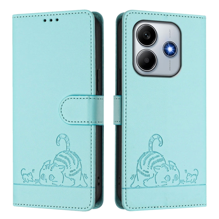 Funda para teléfono de cuero RFID con estampado en relieve de gato y rata y cordón, For Redmi 14C 4G, For Redmi K70 Ultra 5G Global, For Redmi 13 4G