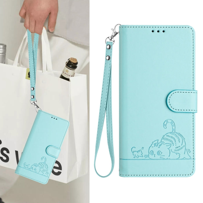 Funda para teléfono de cuero RFID con estampado en relieve de gato y rata y cordón, For Redmi 14C 4G, For Redmi K70 Ultra 5G Global, For Redmi 13 4G