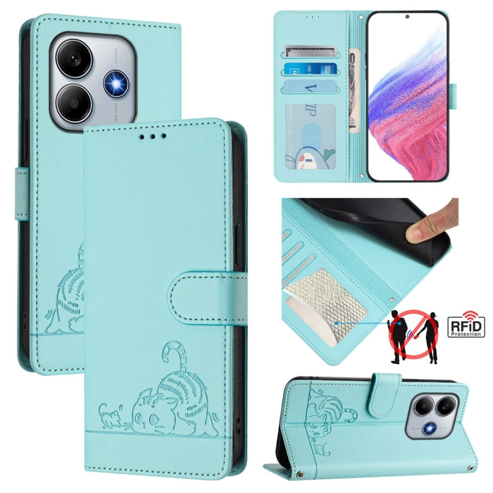 Funda para teléfono de cuero RFID con estampado en relieve de gato y rata y cordón, For Redmi 14C 4G, For Redmi K70 Ultra 5G Global, For Redmi 13 4G