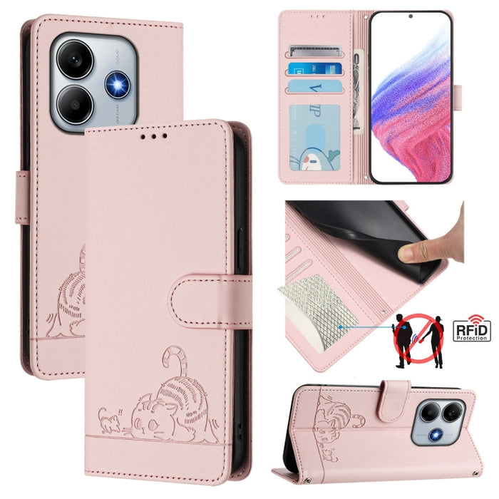 Funda para teléfono de cuero RFID con estampado en relieve de gato y rata y cordón, For Redmi 14C 4G, For Redmi K70 Ultra 5G Global, For Redmi 13 4G