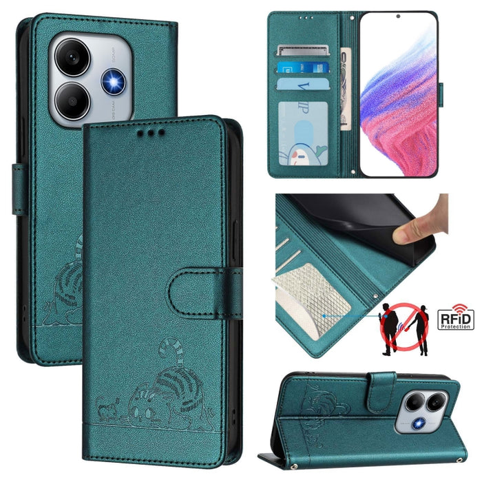 Funda para teléfono de cuero RFID con estampado en relieve de gato y rata y cordón, For Redmi A7 Pro 171mm / Poco C85x 5G, For Redmi 15a 5G Global, For Redmi Turbo 5 Max / Poco X8 Pro Max, For Redmi Turbo 5 5G / Poco X8 Pro 5G                          ...