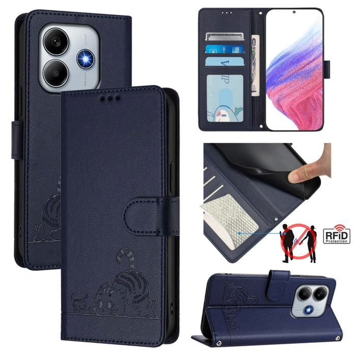 Funda para teléfono de cuero RFID con estampado en relieve de gato y rata y cordón, For Redmi 14C 4G, For Redmi K70 Ultra 5G Global, For Redmi 13 4G