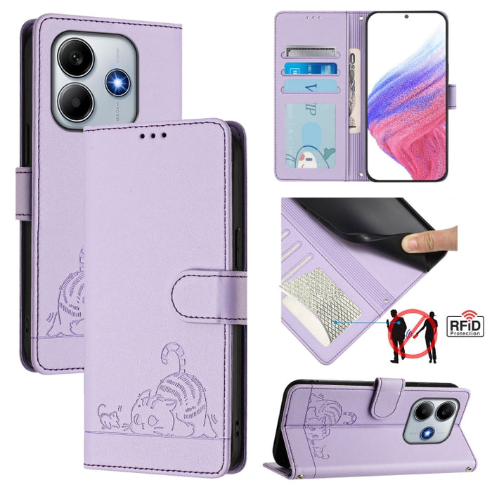 Funda para teléfono de cuero RFID con estampado en relieve de gato y rata y cordón, For Redmi 14C 4G, For Redmi K70 Ultra 5G Global, For Redmi 13 4G